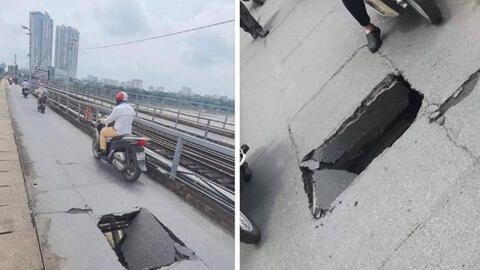 Cầu Long Biên xuất hiện lỗ thủng lớn