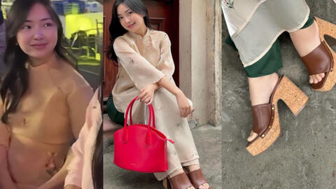 Vợ Hà Đức Chinh xinh đẹp trong áo dài Tết nhưng sự chú ý lại đổ vào vòng 2 vào đôi dép cao gót