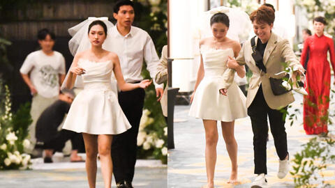 Doãn Hải My rời tiệc cưới bằng chân đất, được Đoàn Văn Hậu, Bảo Hân "hộ tống"