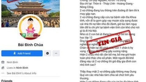 Tài khoản Facebook giả mạo chùa Bái Đính để kêu gọi quyên góp