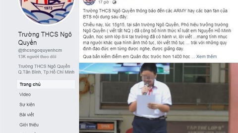 Trường THCS Ngô Quyền kiểm điểm từng cá nhân trong vụ kỷ luật nam sinh lớp 8 xúc phạm nhóm nhạc BTS.