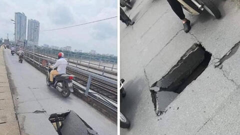 Cầu Long Biên xuất hiện lỗ thủng lớn