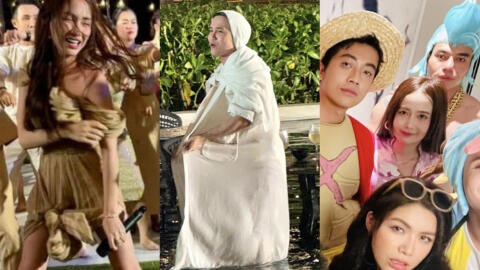 Tiệc tối đám cưới Puka - Gin Tuấn Kiệt: Hòa Minzy buộc váy "quẩy" bất chấp, dàn sao Vbiz hết hóa trang đến "đại chiến" hồ bơi