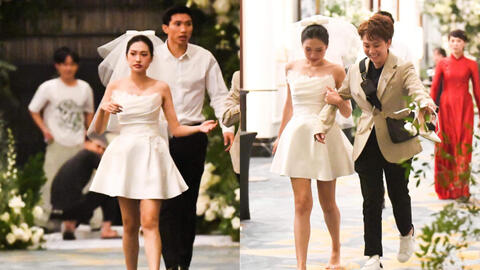 Doãn Hải My rời tiệc cưới bằng chân đất, được Đoàn Văn Hậu, Bảo Hân "hộ tống"
