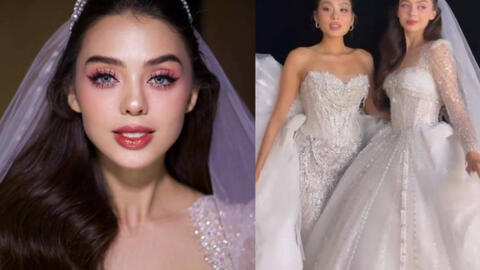 Vợ Tây của Bùi Tiến Dũng xinh đẹp lộng lẫy khi diện váy cô dâu, đọ sắc cùng Á hậu Thảo Nhi Lê