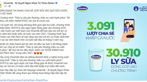 Quỹ sữa vươn cao Việt Nam 2021 của Vinamilk sẽ có thêm 31.000 ly sữ từ sự tham gia của cộng đồng