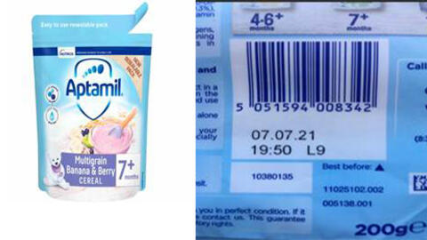 Thu hồi Bột ngũ cốc Aptamil Multigrain Banana and Berry Cereal do có lẫn hạt nhựa