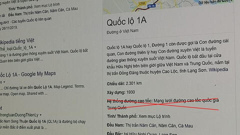 Google ghi tên Quốc lộ 1A là "mạng lưới cao tốc quốc gia Trung Quốc"