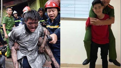 Chàng trai cõng cảm ơn chiến sĩ PCCC cứu mình khỏi đám cháy