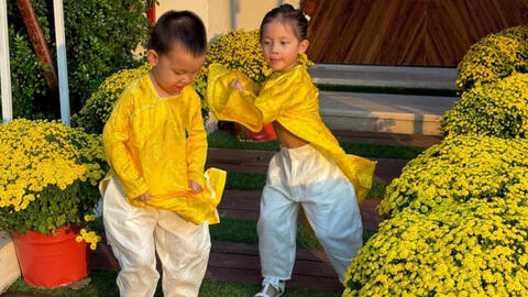 Cặp sinh đôi nhà Hồ Ngọc Hà mặc áo dài chụp ảnh Tết nhưng lạ lắm: Leon đã tấu hài, nhìn sang Lisa còn "quậy" hơn