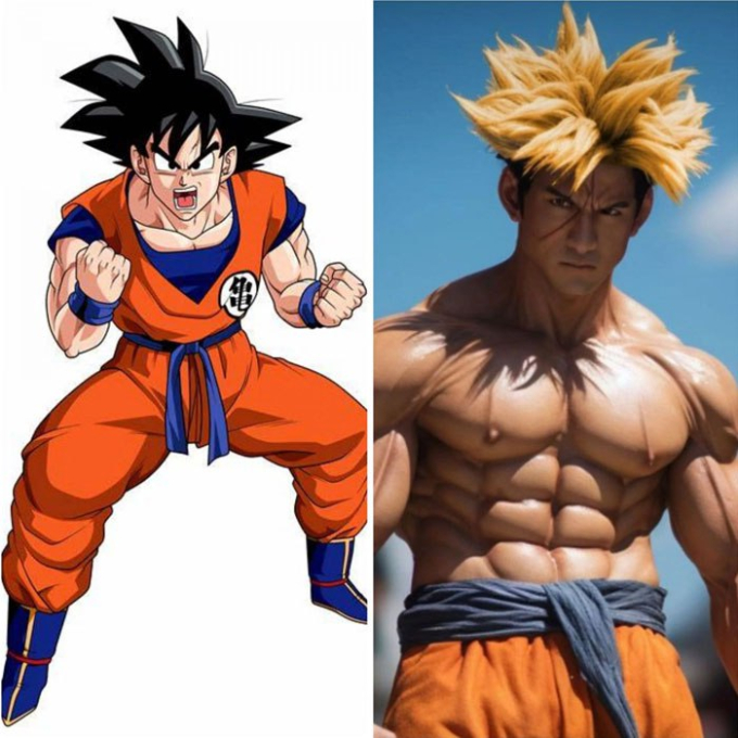 Hình ảnh Goku do AI tạo ra cho thấy mức độ chân thực vượt trội. Thân hình cơ bắp, mái tóc vàng và đôi mắt đen mang tính biểu tượng của anh Khỉ tương đồng với phiên bản hoạt hình. Tông màu da tối hơn một chút so với phiên bản hoạt hình, nâng cao tính chân thực tổng thể một cách tinh tế.