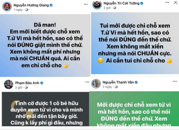 Các nghệ sĩ chia sẻ bài đăng nói về dịch vụ xem tử vi.