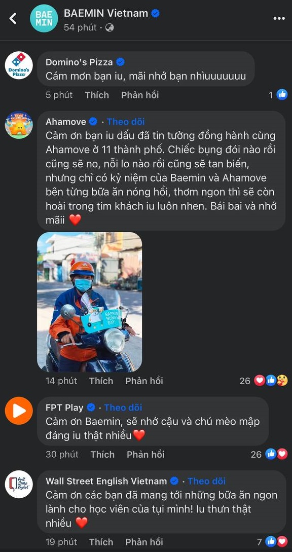 Thương hiệu ăn uống lẫn thương hiệu khác đã bình luận bên dưới bài đăng chính thức của BAEMIN. 