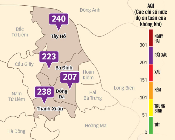   Chỉ số chất lượng không khí các khu vực ở trung tâm Hà Nội sáng 13-12 rất xấu - Đồ họa: T.ĐẠT  