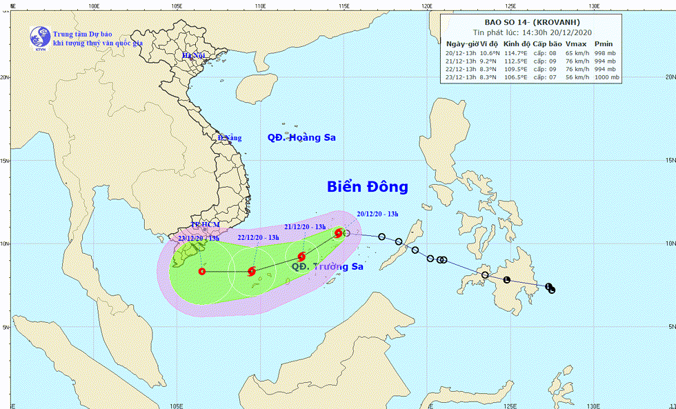 Hướng di chuyển của bão số 14. Nguồn: TTKTTV