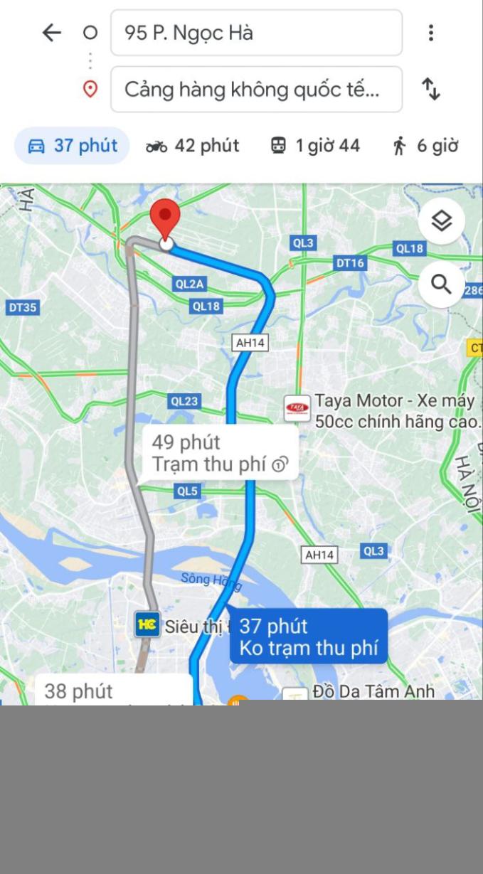 Quãng đường từ Ngọc Hà đến sân bay Nội Bài khoảng 27km (lộ trình tham khảo, ảnh chụp màn hình Google Maps)