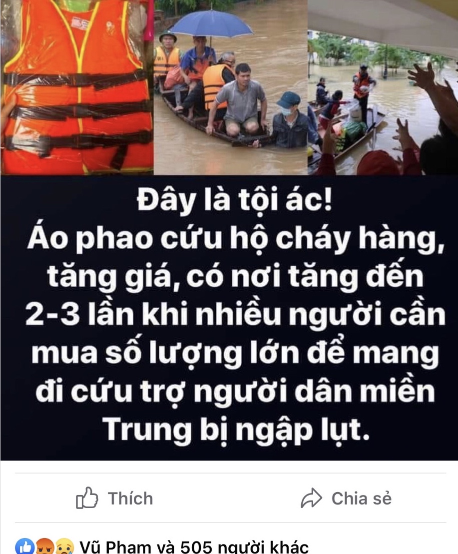 Việc áo phao tăng giá trong lúc miền Trung đang gặp khó khăn do mưa bão, khiến nhiều người bức xúc, đặc biệt những người mua áo số lượng lớn để phục vụ ứng cứu bà con gặp nạn.