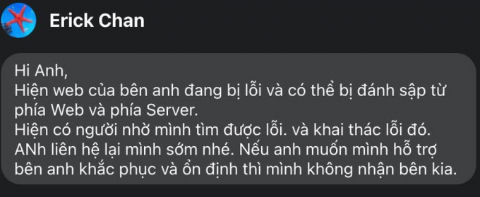 Tin nhắn đe dọa từ tài khoản có tên Erick Chan.