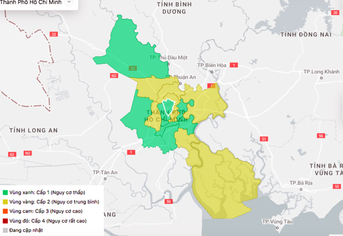   Bản đồ cấp độ dịch 22 quận huyện tại TP HCM từ ngày 6 đến 12/11. Nguồn: Cổng Covid-19 TP HCM  