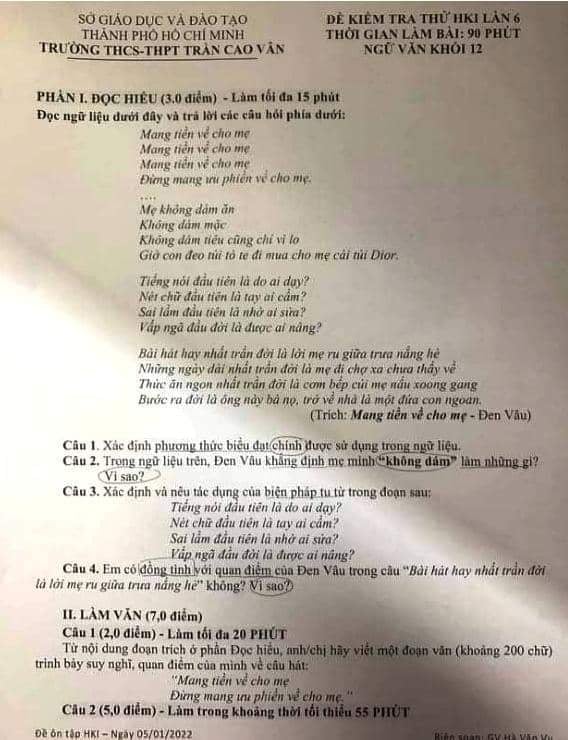Bài hát 'Mang tiền về cho mẹ' của Đen Vâu vào đề thi ngữ văn ở TP.HCM