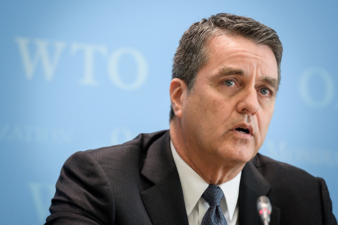 Tổng giám đốc WTO Roberto Azevedo trong một buổi họp báo. Ảnh: Reuters