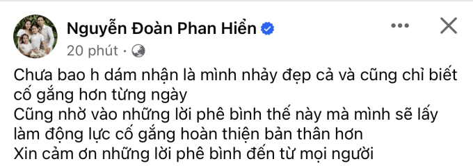 Ông xã Khánh Thi lên tiếng cho biết chưa từng nhận mình nhảy đẹp và còn gửi lời cảm ơn tới những đánh giá này