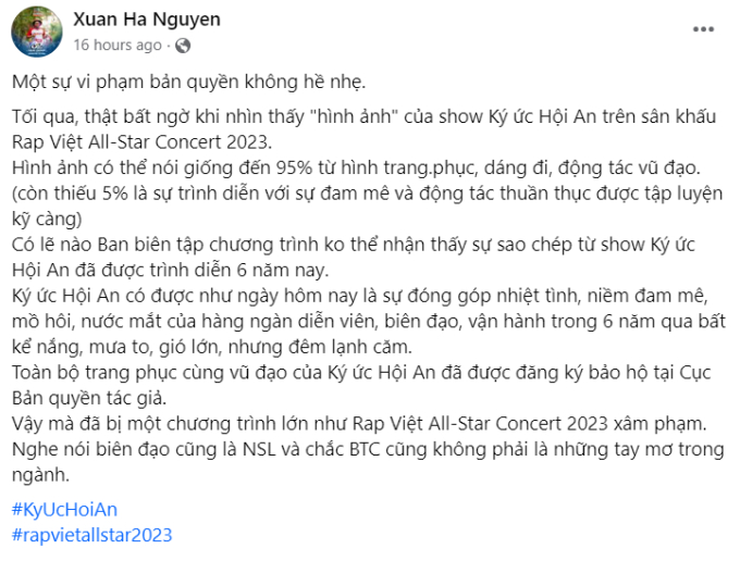 Bài đăng bức xúc của ông Nguyễn Xuân Hà, Giám đốc Công viên Ấn tượng Hội An.