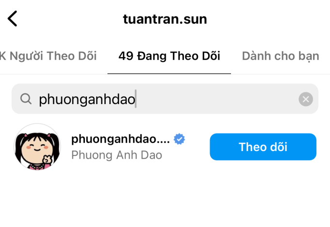 Tuấn Trần theo dõi Phương Anh Đào trên mạng xã hội 