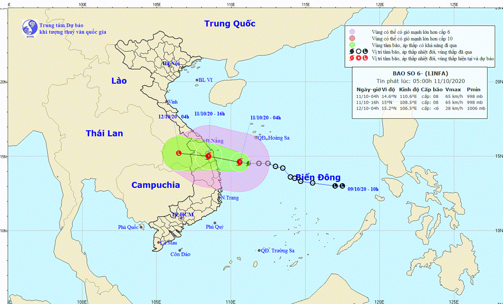 Hướng di chuyển của bão số 6. Nguồn: TTKTTV
