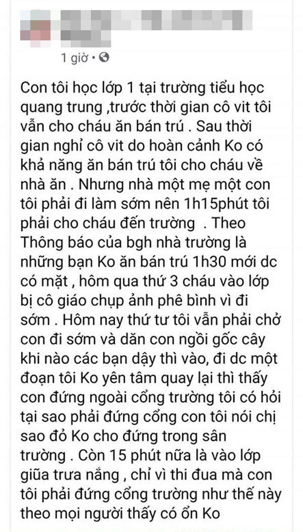 Học sinh cấp 1 phải đứng ngoài trời nắng vì đi học sớm 15 phút, phụ huynh và hiệu trưởng nói gì?