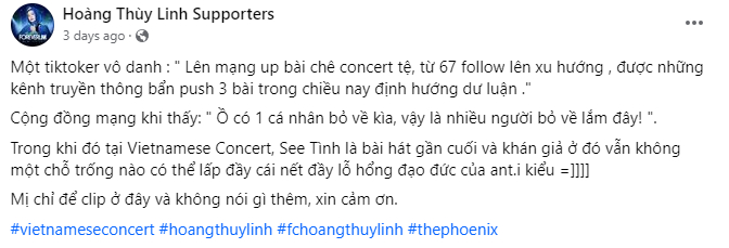 Fanpage lớn của Hoàng Thùy Linh đăng đàn chỉ trích TikToker nói trên.