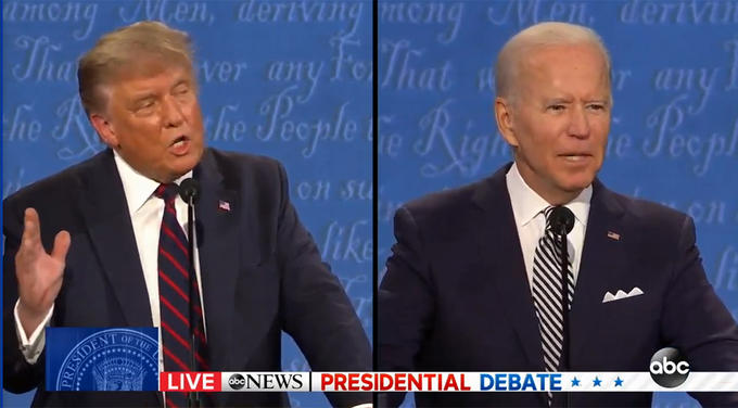 Trump (trái) và Biden tranh luận. Ảnh chụp màn hình kênh ABC News.