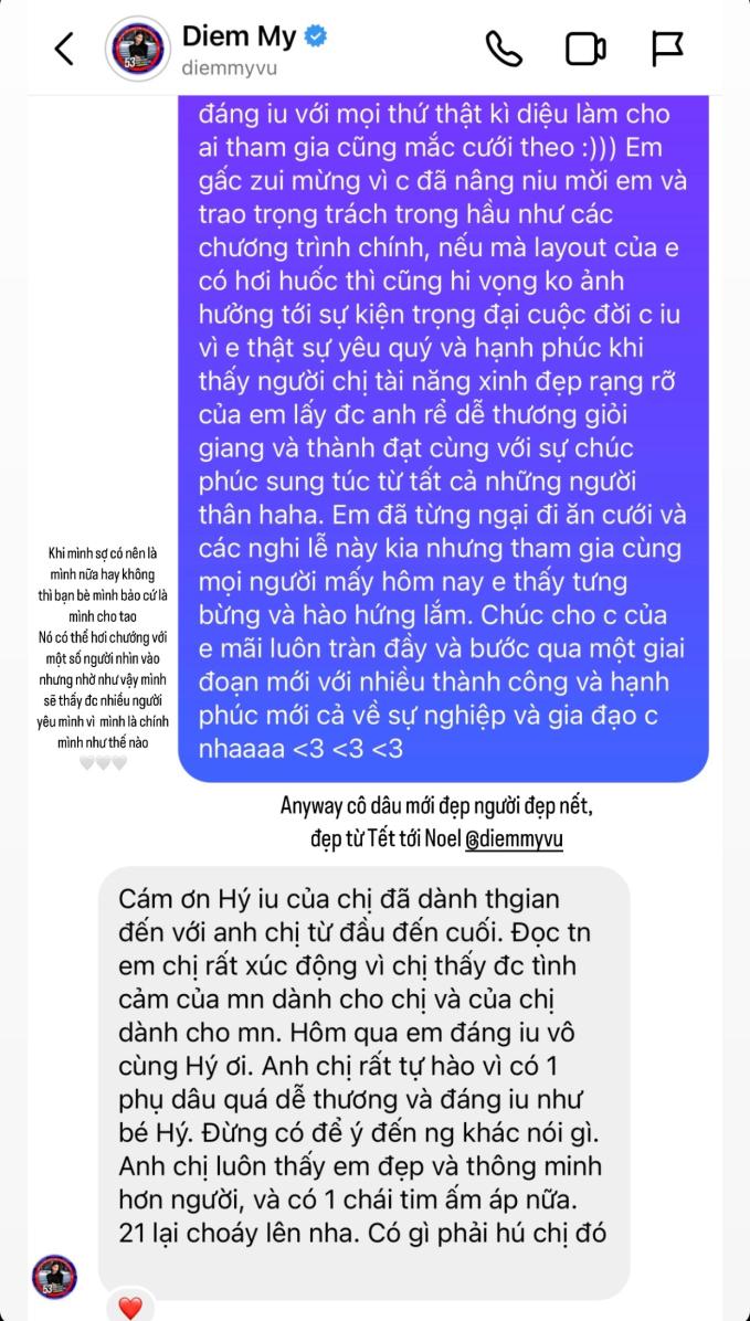 Trang Hý chia sẻ tin nhắn của mình với Diễm My 9x sau gây tranh cãi vì tạo hình được cho là lạc quẻ trong lễ ăn hỏi của đàn chị