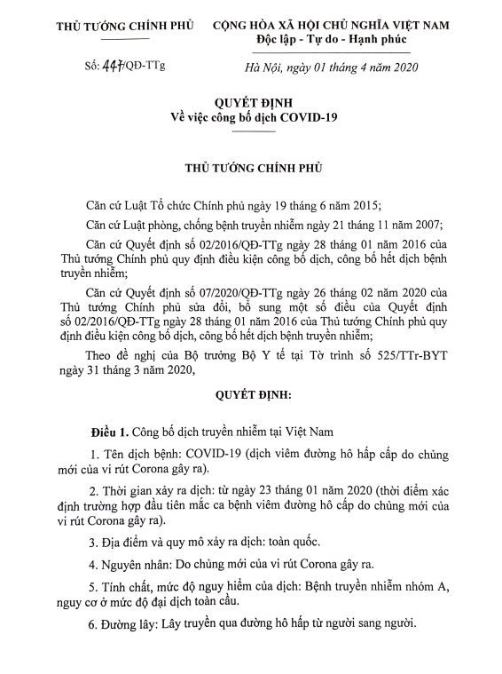 Thủ tướng Chính phủ công bố dịch Covid-19 trên toàn quốc 