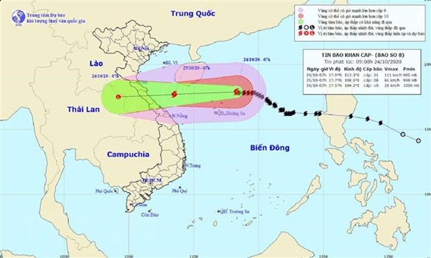 Bản đồ đường đi của Bão số 8. (Ảnh: TTXVN phát)