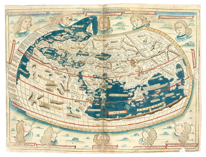 Cuốn Cosmographia (hay Geographia) của nhà bác học Hy Lạp Claudius Ptolemaeus là cuốn atlas đầu tiên trên thế giới. Cuốn này được thực hiện vào  khoảng năm 150 sau Công nguyên với hơn 3000 địa danh cổ đại. Ptolemaeus đã soạn ra các nguyên tắc về họa đồ và đặt nền móng cho nhiều thuyết về cấu trúc thế giới. Cách đây 4 năm, 1 trong 3 cuốn in từ thế kỷ 15 được bán với giá 3,9 triệu USD. 