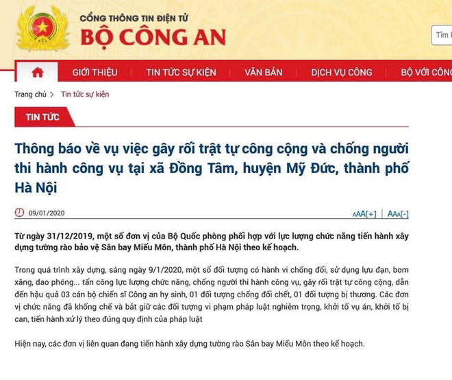   Ảnh chụp màn hình thông báo trên Cổng thông tin điện tử Bộ Công an sáng 9/1.  