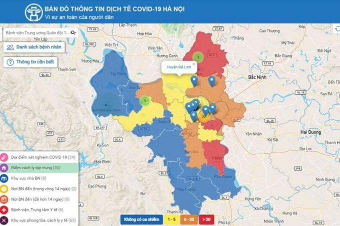   Bản đồ thông tin dịch tễ COVID-19 tại Hà Nội.  