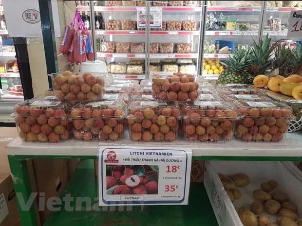   Vải thiểu Thanh Hà được bán với giá 18 euro/kg tại siêu thị Thanh Bình Jeune, thủ đô Paris. (Nguồn: Linh Hương/Vietnam+)  