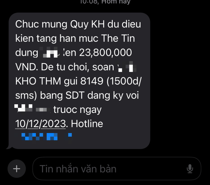 Tin nhắn thông báo tăng hạn mức thẻ tín dụng mà ngân hàng gửi cho bạn qua tin nhắn sms