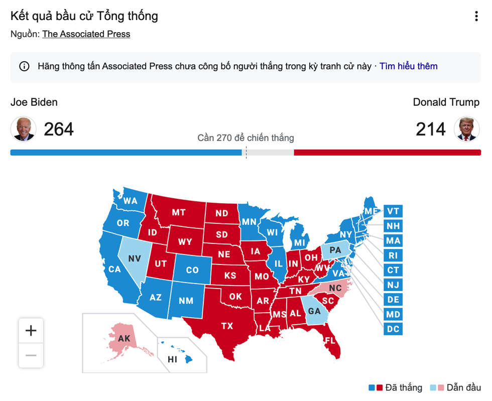 Ngay cả bang Pennsylvania và Georgia đều bắt đầu ngã xanh. Nguồn: Google, AP