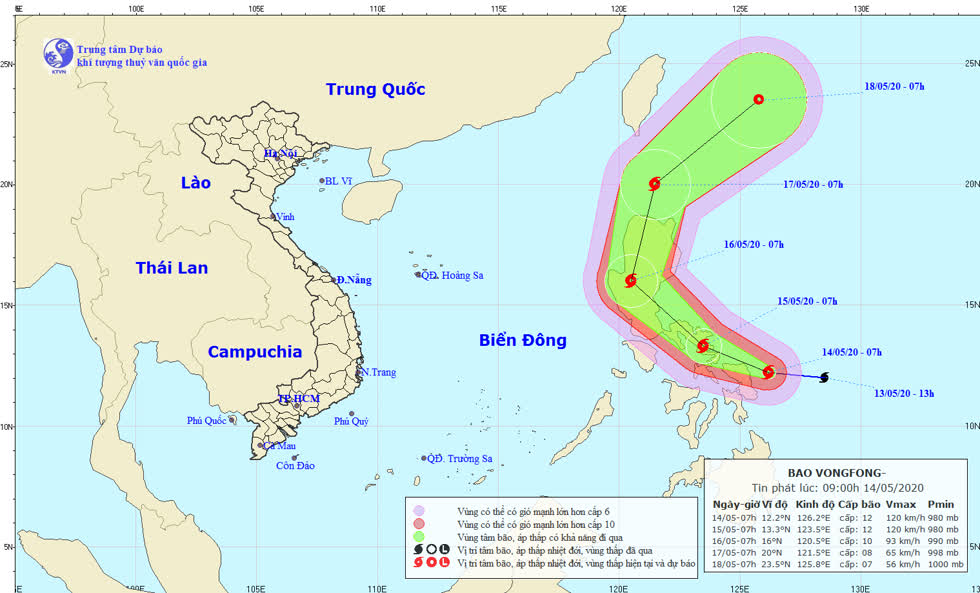   Hướng di chuyển của bão Vongfong.