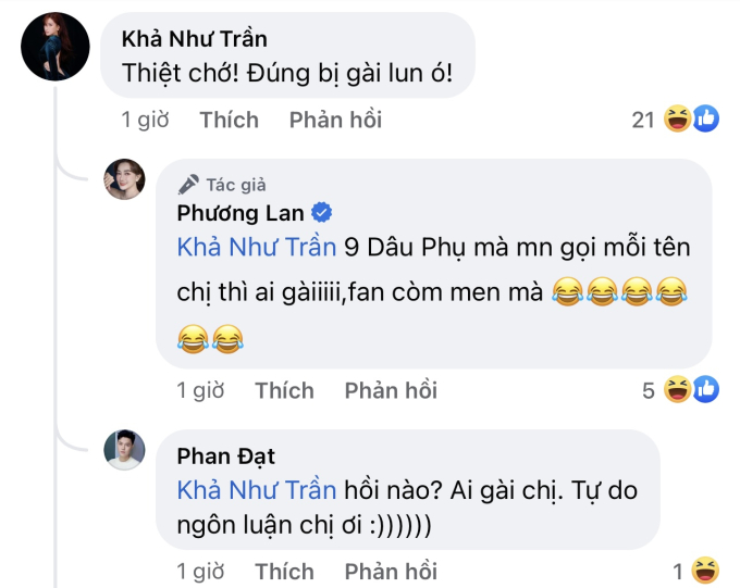 Dưới phần bình luận, vợ chồng Phương Lan - Phan Đạt liên tục réo gọi và trêu đùa Khả Như 