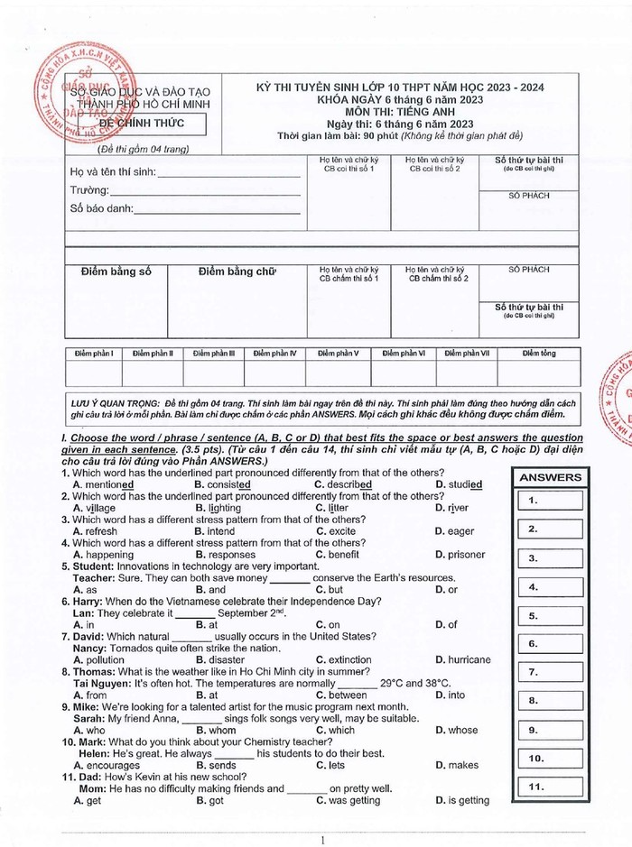 TP.Hồ Chí Minh công bố đáp án các môn thi tuyển sinh vào lớp 10 - Ảnh 7.