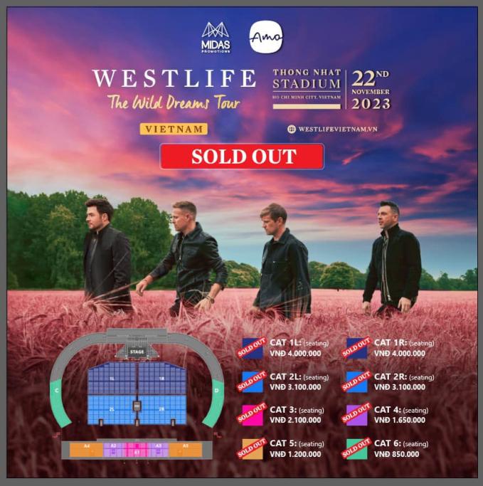 15 nghìn vé của live concert Westlife được bán hết chỉ sau 5 tiếng mở bán.