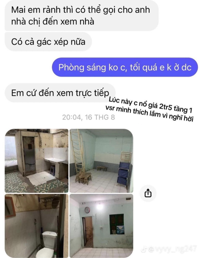 Ban đầu, chủ trọ giới thiệu căn phòng có giá 2,5 triệu đồng, thuê nguyên tầng 1... (Nguồn: @vyvy_ng247)