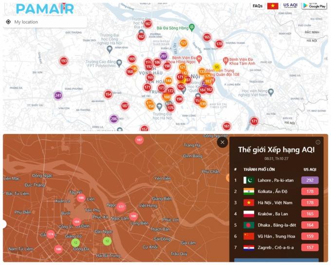 Số liệu quan trắc của PAM Air và Air Visual.