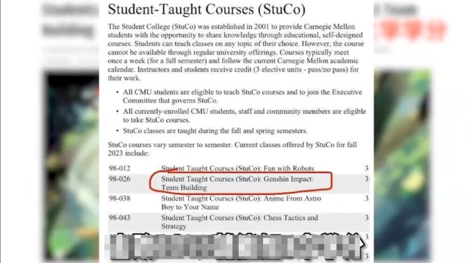 Đại học Carnegie Mellon có hẳn những tín chỉ riêng về Genshin Impact.