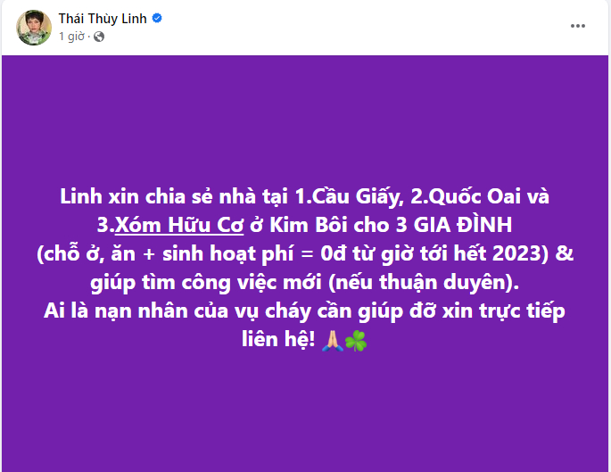 Sáng nay (14/9), ca sĩ Thải Thùy Linh đã thông báo trên trang cá nhân về việc hỗ trợ chỗ ở, ăn uống và chi phí sinh hoạt cho các nạn nhân may mắn sống sót sau vụ cháy. Nhiều cư dân mạng bày tỏ sự cảm kích trước hành động của nữ ca sĩ và đang giúp cô lan truyền, chia sẻ thông tin này.