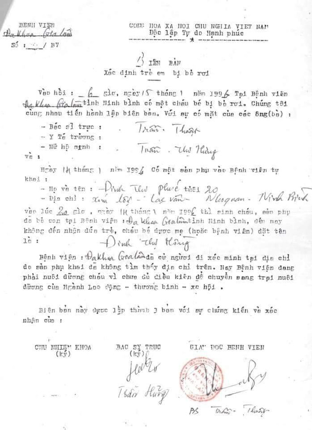 Theo thông tin cung cấp, cô Phúc (hồi ấy 23 tuổi) có địa chỉ ở xóm Lội, xã Lạc Văn (Nho Quan, Ninh Bình). 1 ngày sau khi sinh, người mẹ này đã để lại con rồi biến mất.